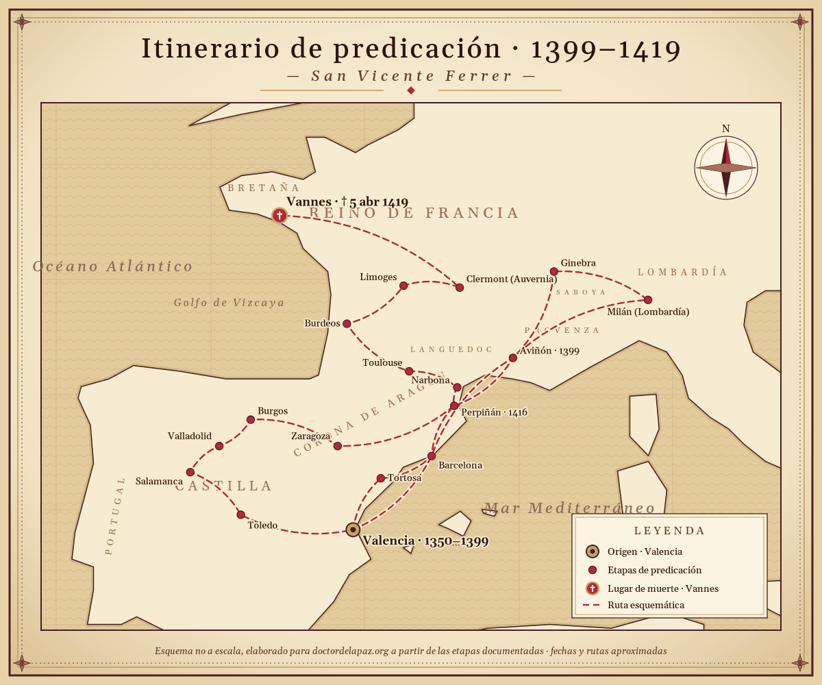 Mapa esquemàtic de l’itinerari de predicació de sant Vicent Ferrer (1399–1419): de València per la Corona d’Aragó, Castella, Avinyó, Savoia i Llombardia, Perpinyà, Llenguadoc, Alvèrnia i Llemotges, fins a Vannes (Bretanya), on va morir el 5 d’abril de 1419.